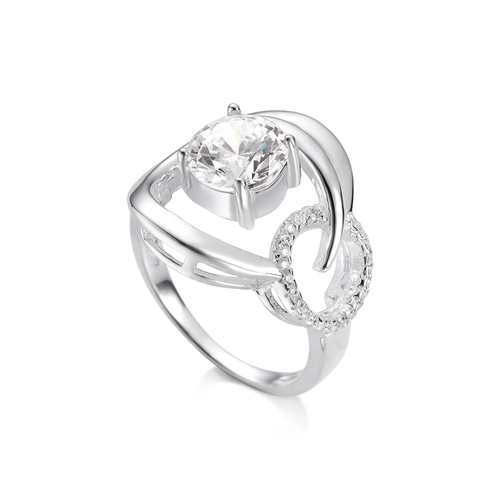 Anel de Prata Blend Collection Espelhado com Trabalhado e Zircônia Cristal Redonda