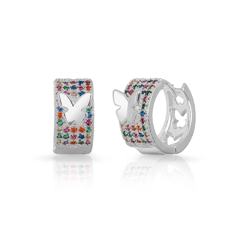 Brinco Argola Click com Borboleta Espelhada e Zircônias Coloridas