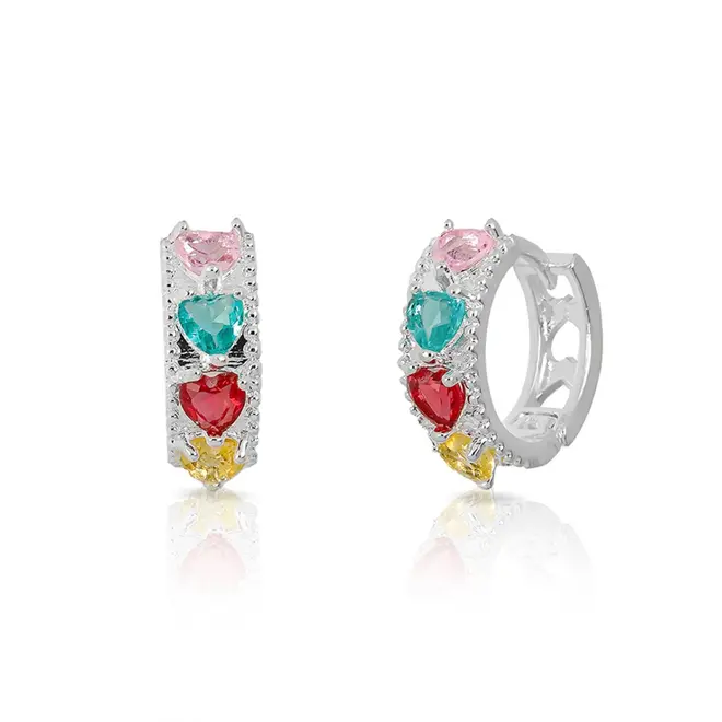 Brinco Argola Click com Corações em Zircônias Coloridas