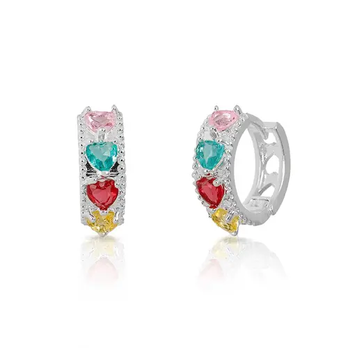 Brinco Argola Click com Corações em Zircônias Coloridas