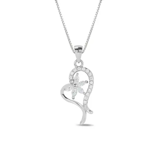 Gargantilha de Prata Coração com Flor e Zircônia Cristal