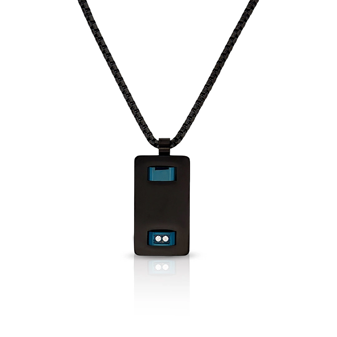 Corrente com Pingente Retangular Carbonado Preto e Azul com Zircônias
