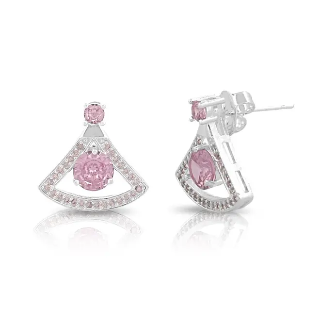 Brinco Top Leque Com Zircônias Rosa