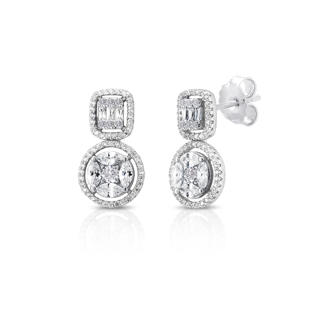 Brinco de Prata Balanço Blend Collection com Zircônias Cristal Quadrada e Redonda