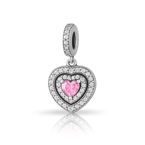 Berloque Coração com Zircônia Rosa e Zircônias Cristal