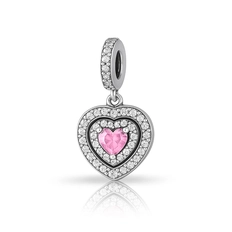Berloque Coração com Zircônia Rosa e Zircônias Cristal
