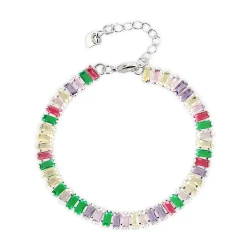 Pulseira de Prata Leve Riviéra com Zircônia Colorida Retangular