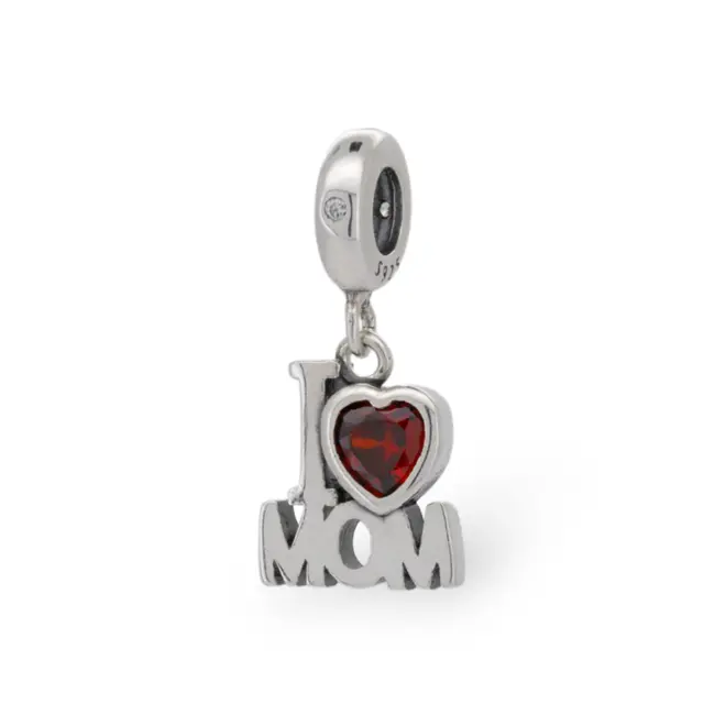 Berloque I love Mom com Zircônia Rubi Coração