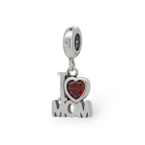 Berloque I love Mom com Zircônia Rubi Coração
