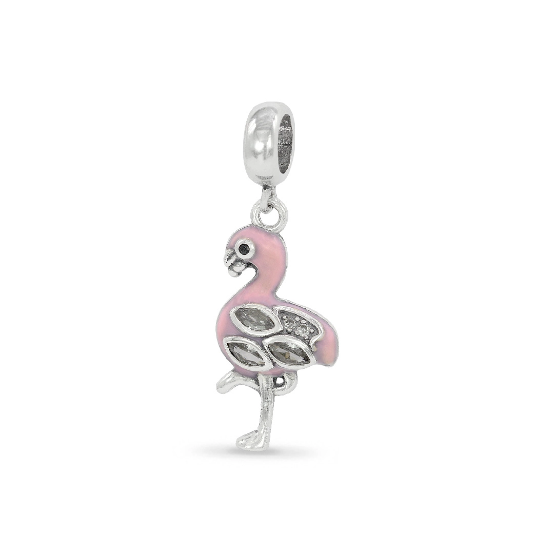 Berloque Flamingo Rosa Esmaltado e Zircônias Cristal