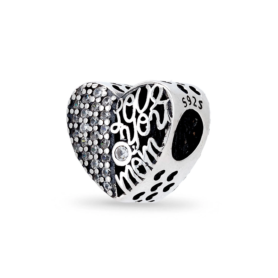 Berloque Coração Love You Mom com Zircônias Cristal