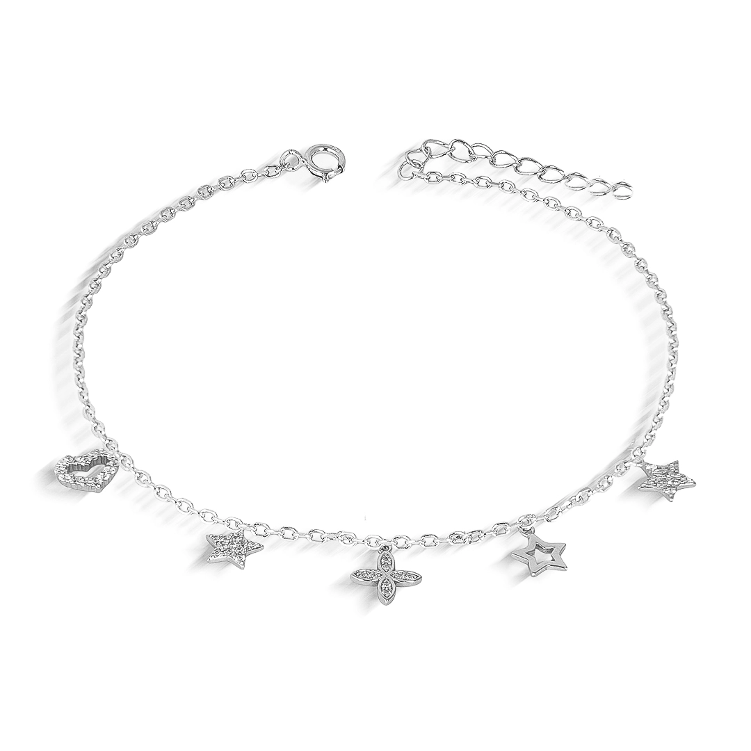 Pulseira Delicada com Coração, Estrela e Flor