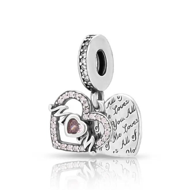 Berloque Coração Duplo MOM com Zircônias Cristal e Rosa
