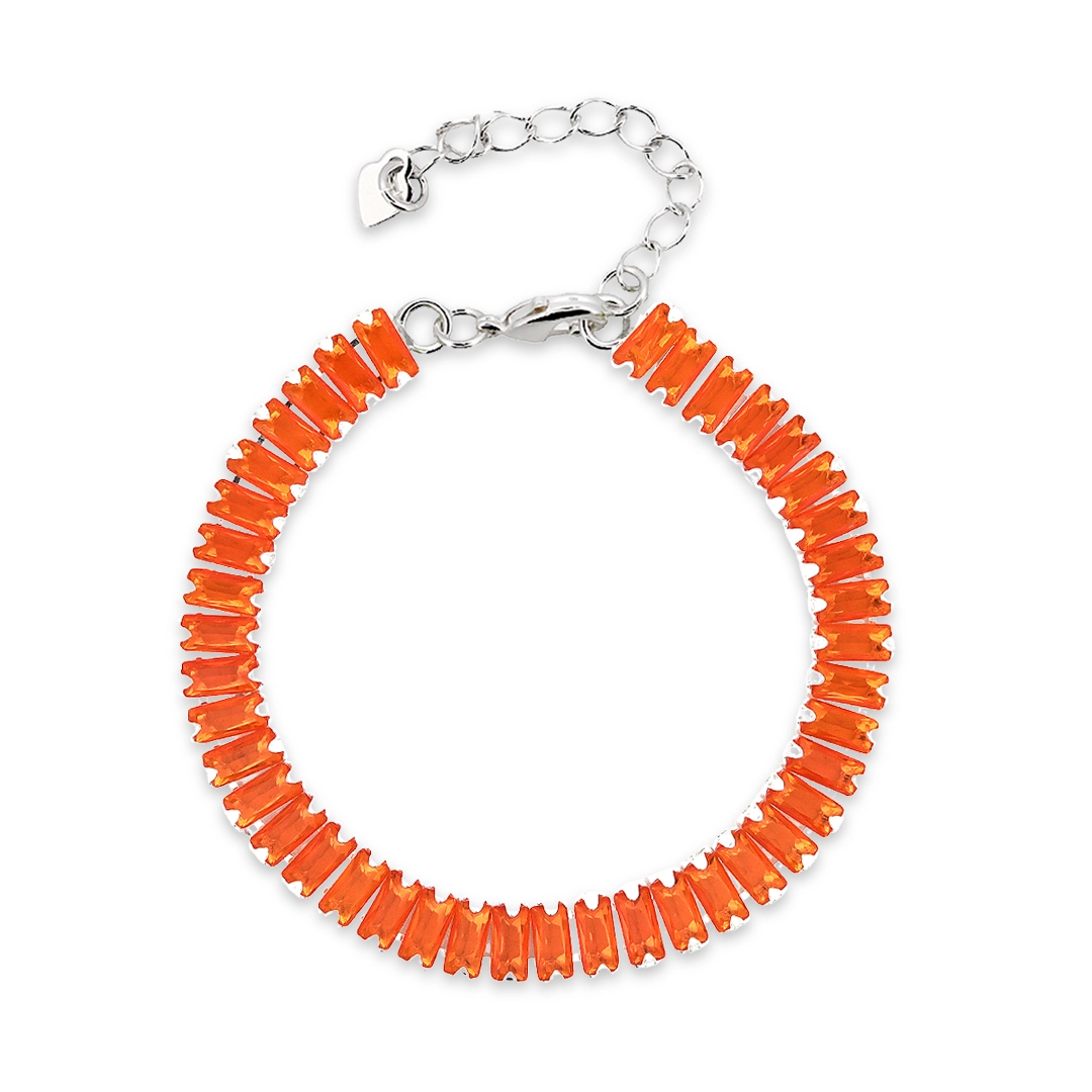 Pulseira de Prata Leve Riviéra com Zircônia Retangular Laranja
