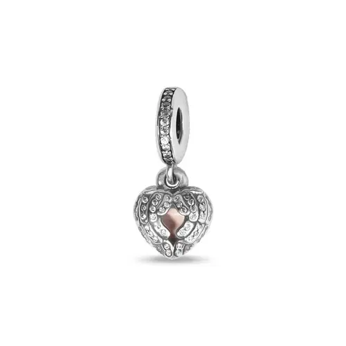 Berloque Coração com Resina Rosa e Zircônias Cristal
