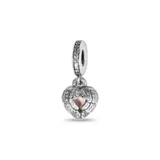 Berloque Coração com Resina Rosa e Zircônias Cristal