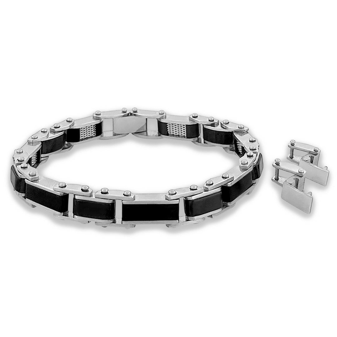 Pulseira de Aço com Elos Trabalhados e Fibra de Carbono