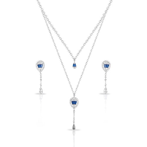 Gargantilha Blend Collection Dupla com Brincos Gota e Zircônias Safira