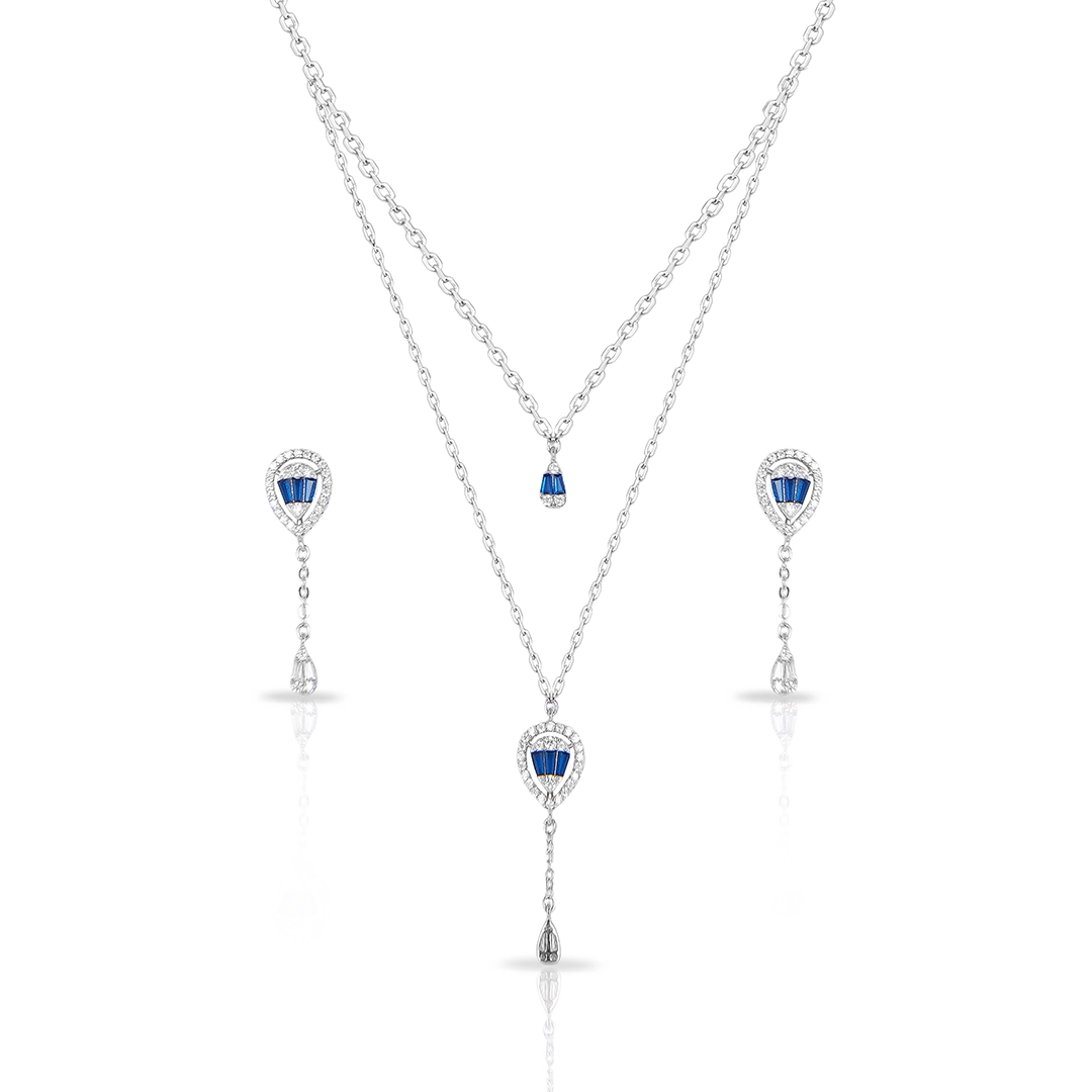 Gargantilha Blend Collection Dupla com Brincos Gota e Zircônias Safira