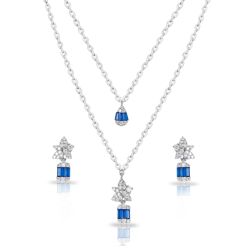 Colar de Prata Blend Collection Duplo com Brincos de Zircônias Cristal e Zircônia Safira Retangular