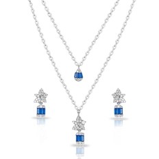 Colar de Prata Blend Collection Duplo com Brincos de Zircônias Cristal e Zircônia Safira Retangular