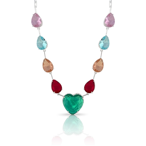 Gargantilha de Prata Leve Colors com Coração e Zircônias Glass Coloridas