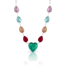 Gargantilha de Prata Leve Colors com Coração e Zircônias Glass Coloridas