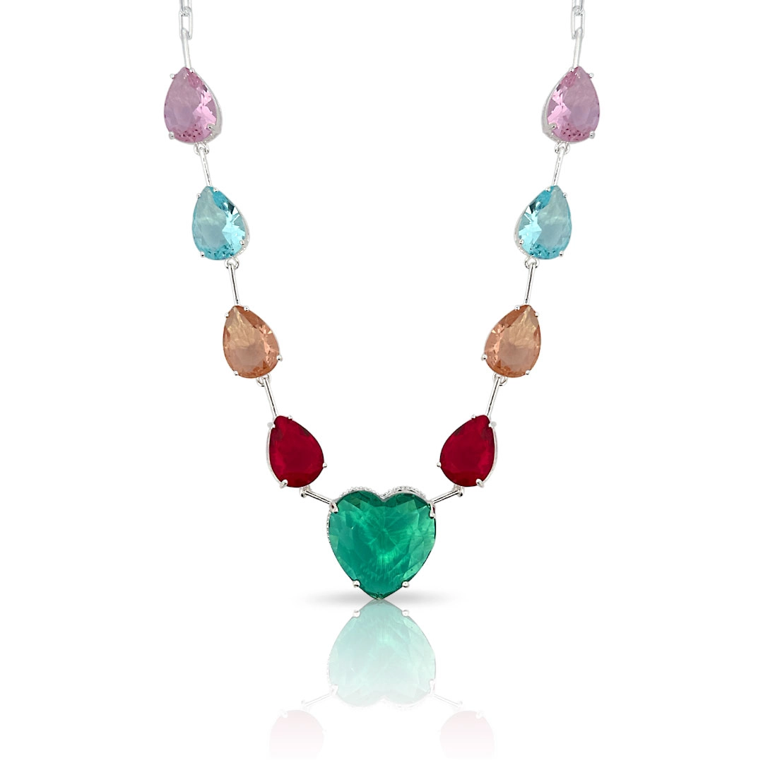 Gargantilha de Prata Leve Colors com Coração e Zircônias Glass Coloridas