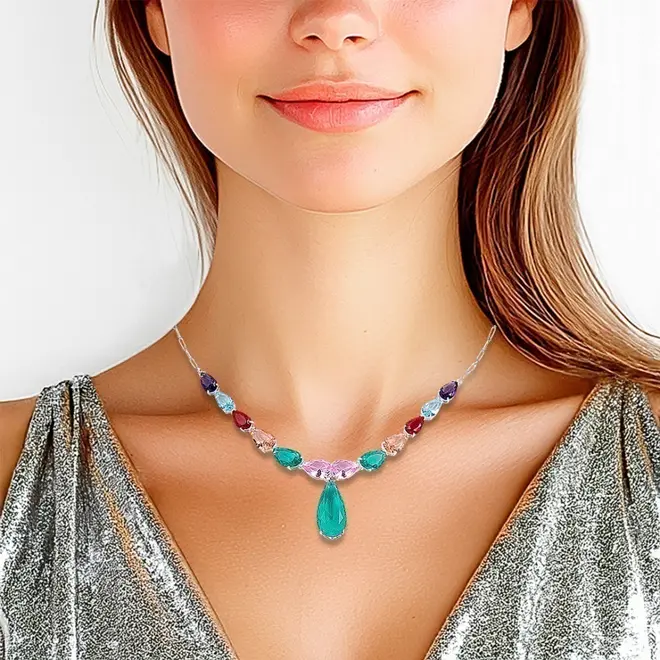 Gargantilha de Prata Leve Colors com Gotas em Zircônias Glass Coloridas