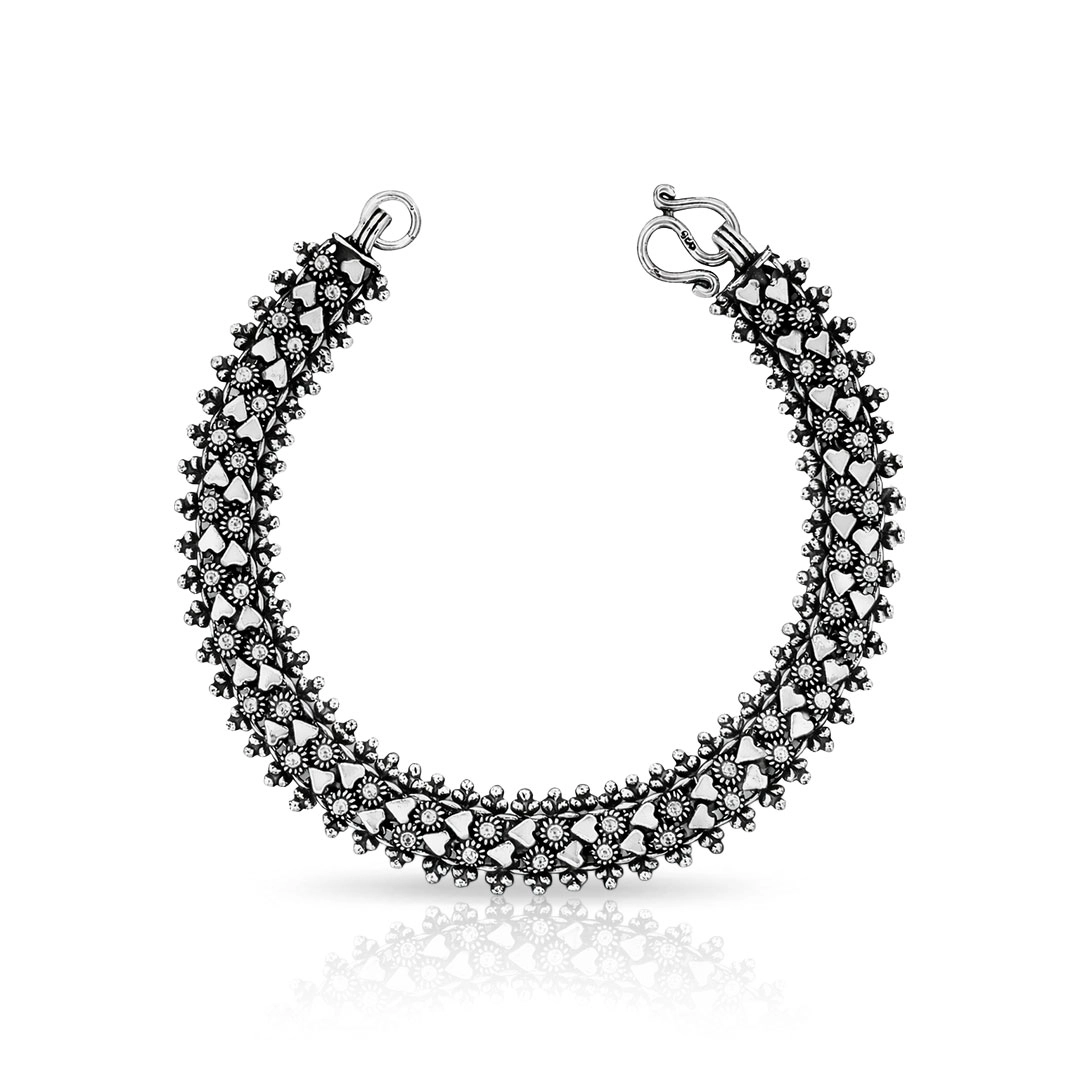 Pulseira de Flores e Coração com Acabamento Envelhecido