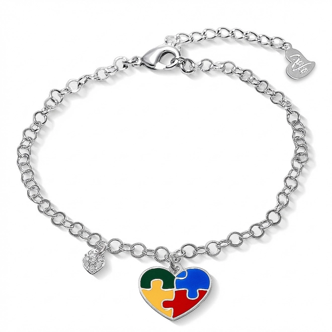 Pulseira Autismo em Malha de Elos Iguais com Coração Esmaltado