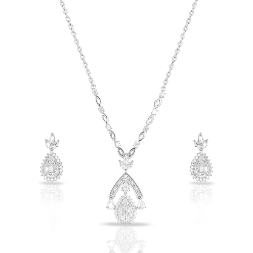 Colar de Prata Blend Collection e Brincos Trabalhados com Gotas em Zircônias Cristal