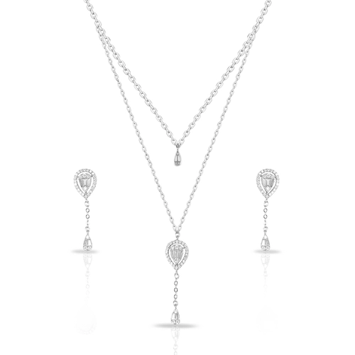 Colar Blend Collection Duplo com Brincos Cravejados de Zircônias Cristal Gota Balanço