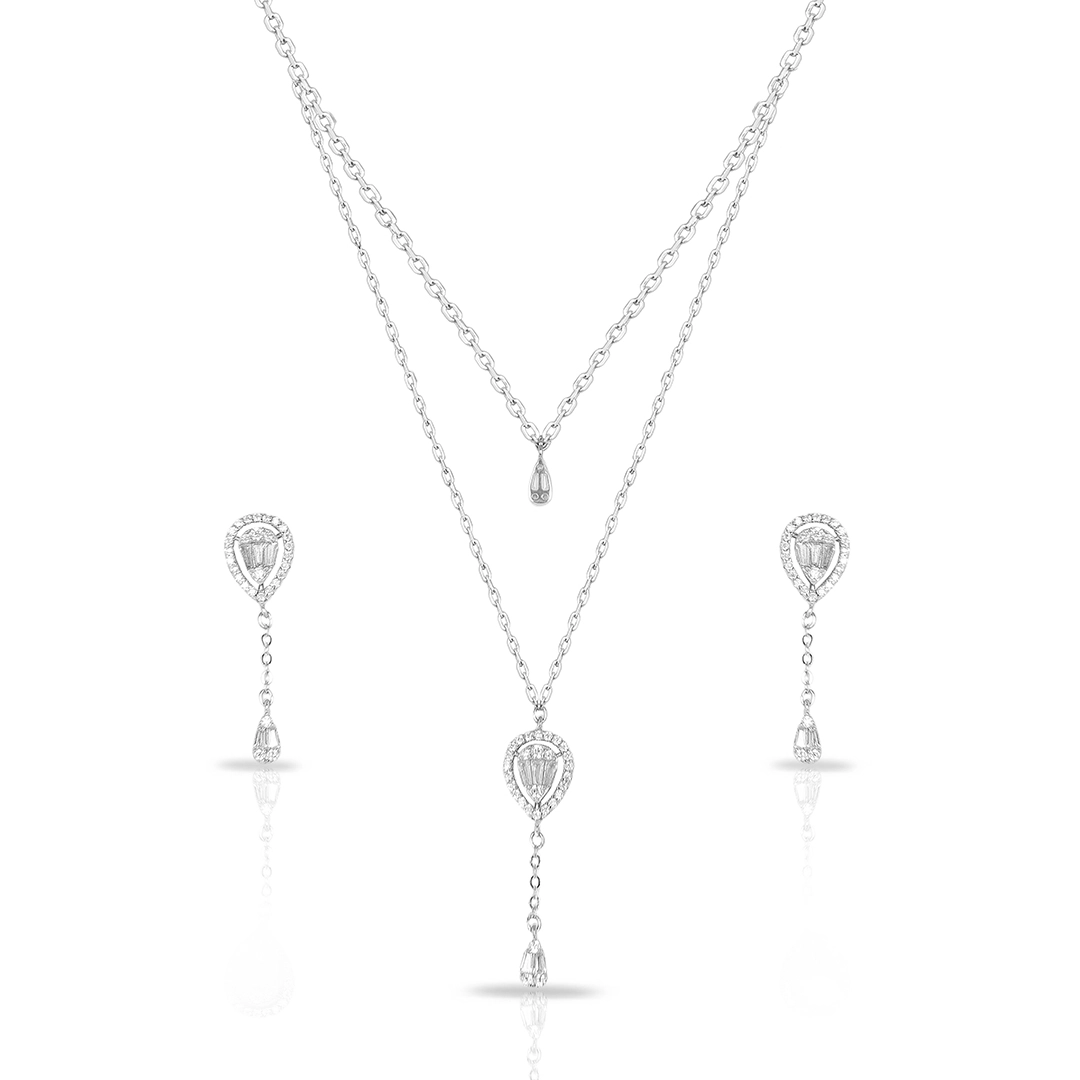 Colar Blend Collection Duplo com Brincos Cravejados de Zircônias Cristal Gota Balanço