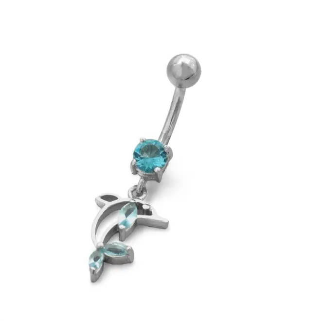 Piercing de Umbigo com Golfinho Vazado e Zircônia Água Marinha