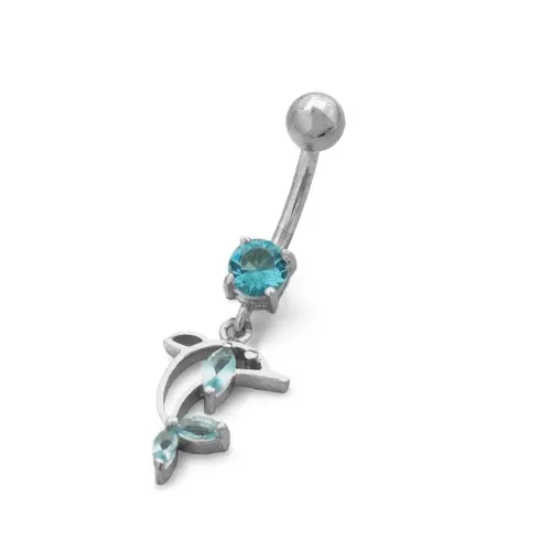 Piercing de Umbigo com Golfinho Vazado e Zircônia Água Marinha