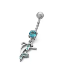 Piercing de Umbigo com Golfinho Vazado e Zircônia Água Marinha