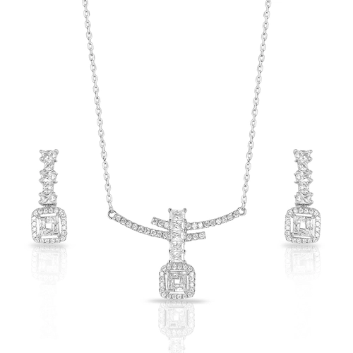 Colar de Prata Blend Collection com Brincos Com Zircônias Cristal Quadrada