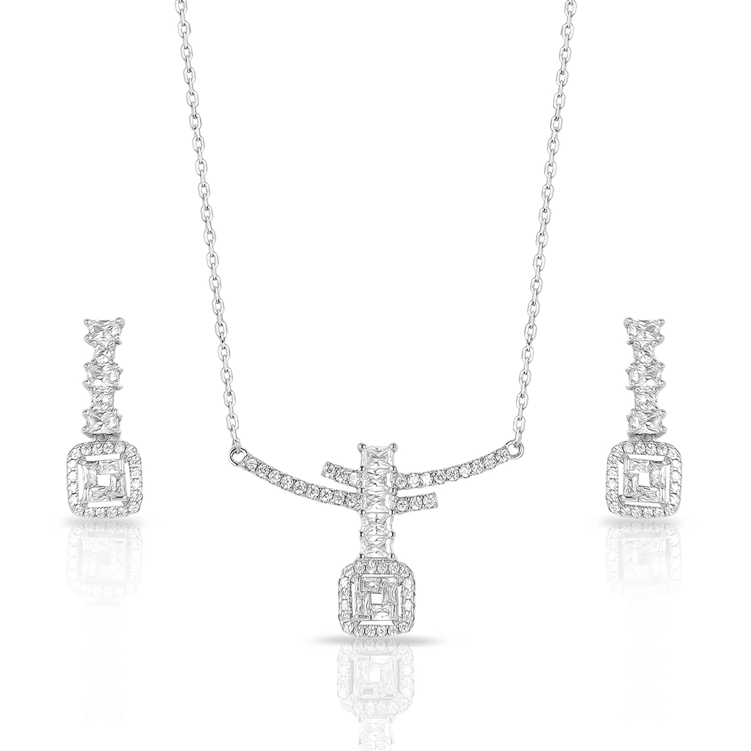 Colar de Prata Blend Collection com Brincos Com Zircônias Cristal Quadrada