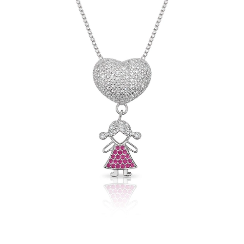 Gargantilha Coração com Menina de Zircônias Cristal e Rubi Cravejadas