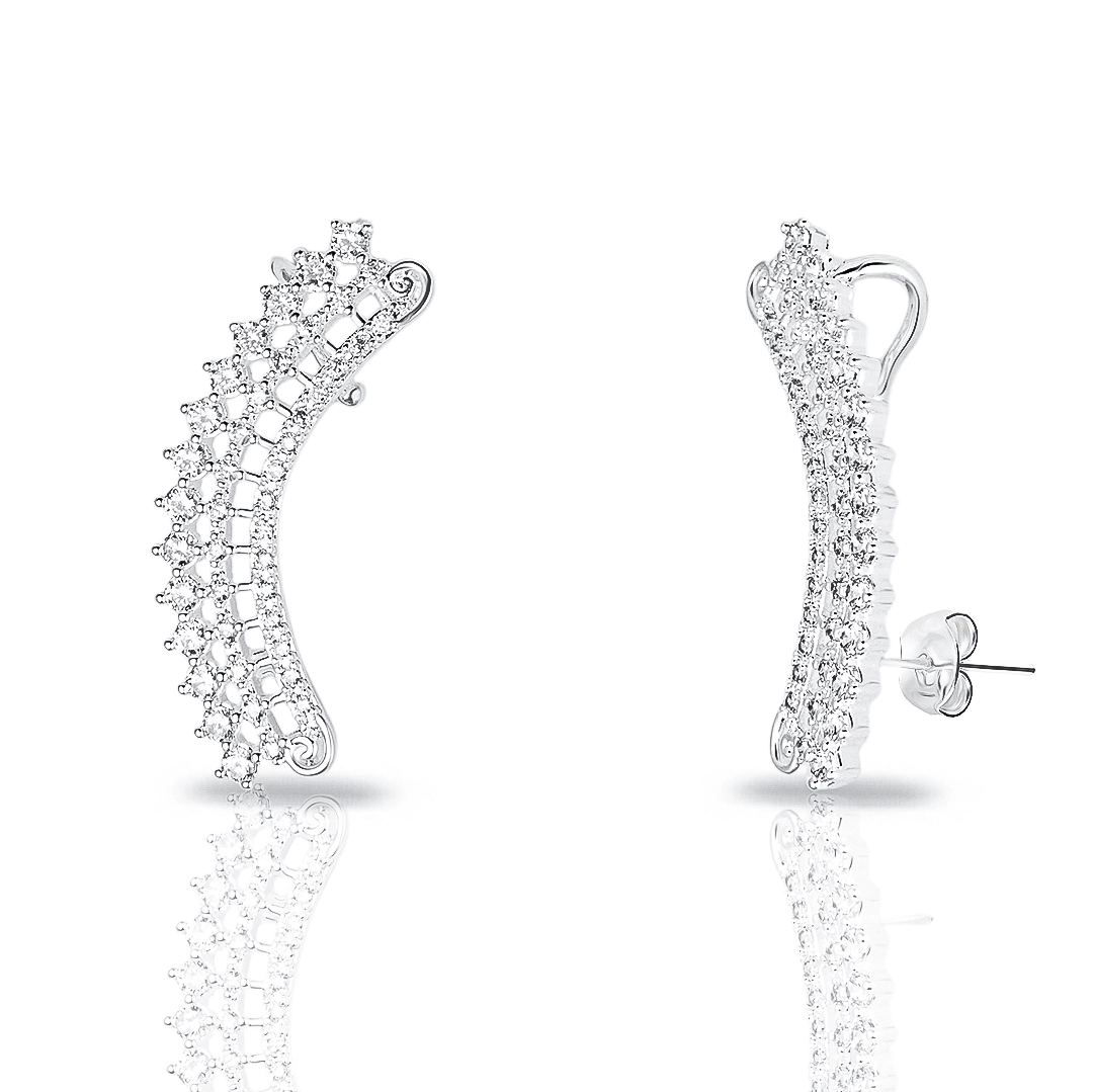 Brinco de Prata Leve Ear Cuff Vazado com Zircônias