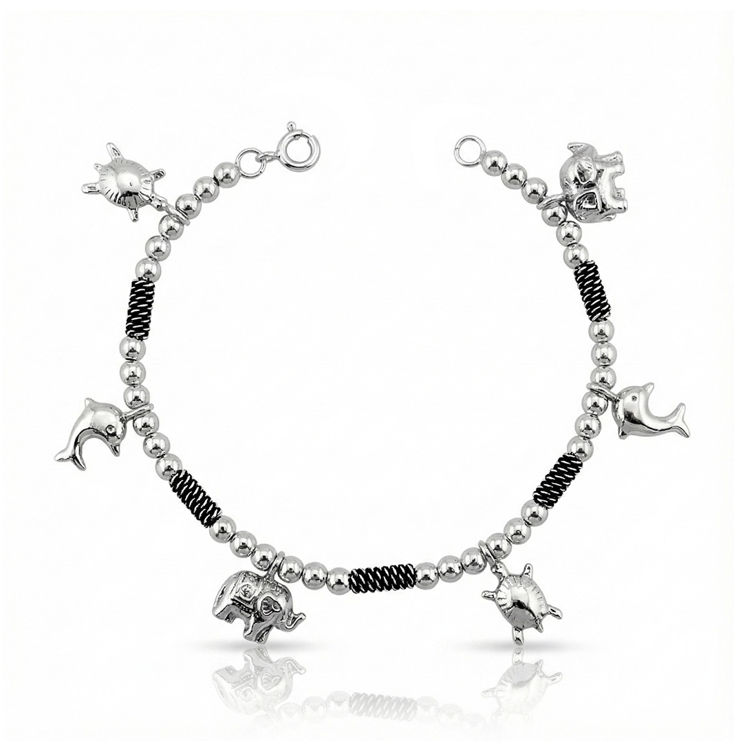 Pulseira com Pingentes de Elefante, Golfinho e Tartaruga com acabamento envelhecido