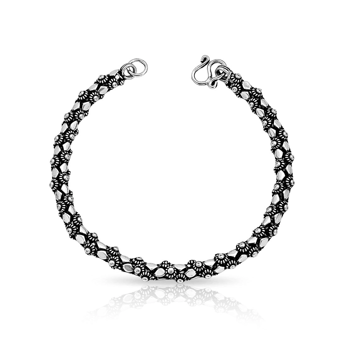 Pulseira de Prata 925 Flores e Chapa Losango com Acabamento Envelhecido