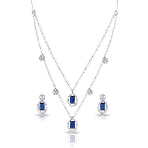 Colar de Prata Blend Collection Duplo com Brincos de Zircônias Cristal e Safira