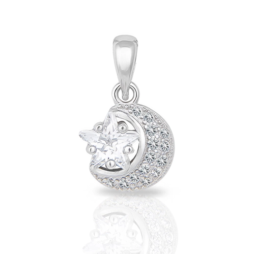 Pingente de Prata 925 Lua com Estrela e Zircônias Cristal