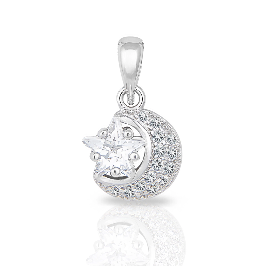 Pingente de Prata 925 Lua com Estrela e Zircônias Cristal