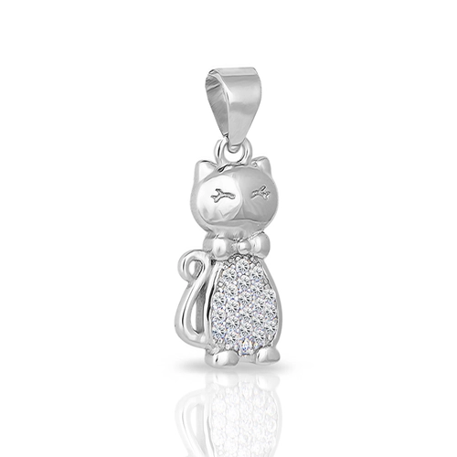 Pingente de Prata 925 Gato com Zircônias Cristal