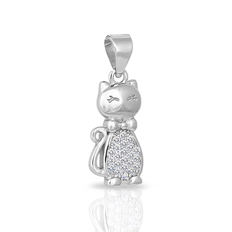 Pingente de Prata 925 Gato com Zircônias Cristal