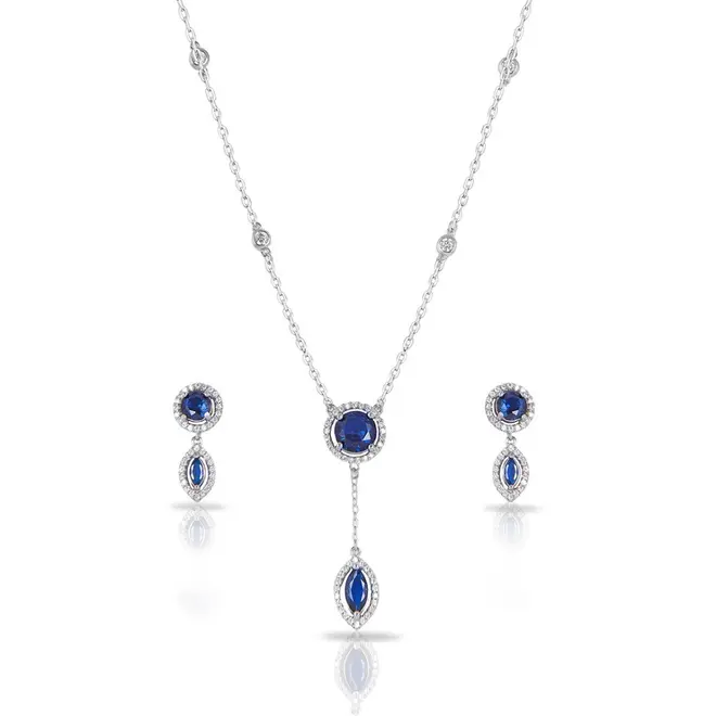 Colar de Prata Blend Collection com Brincos de Zircônias Cristal e Safira Redondas e Navetes