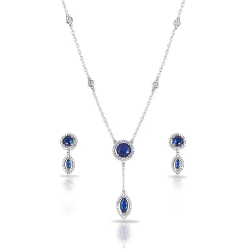 Colar de Prata Blend Collection com Brincos de Zircônias Cristal e Safira Redondas e Navetes